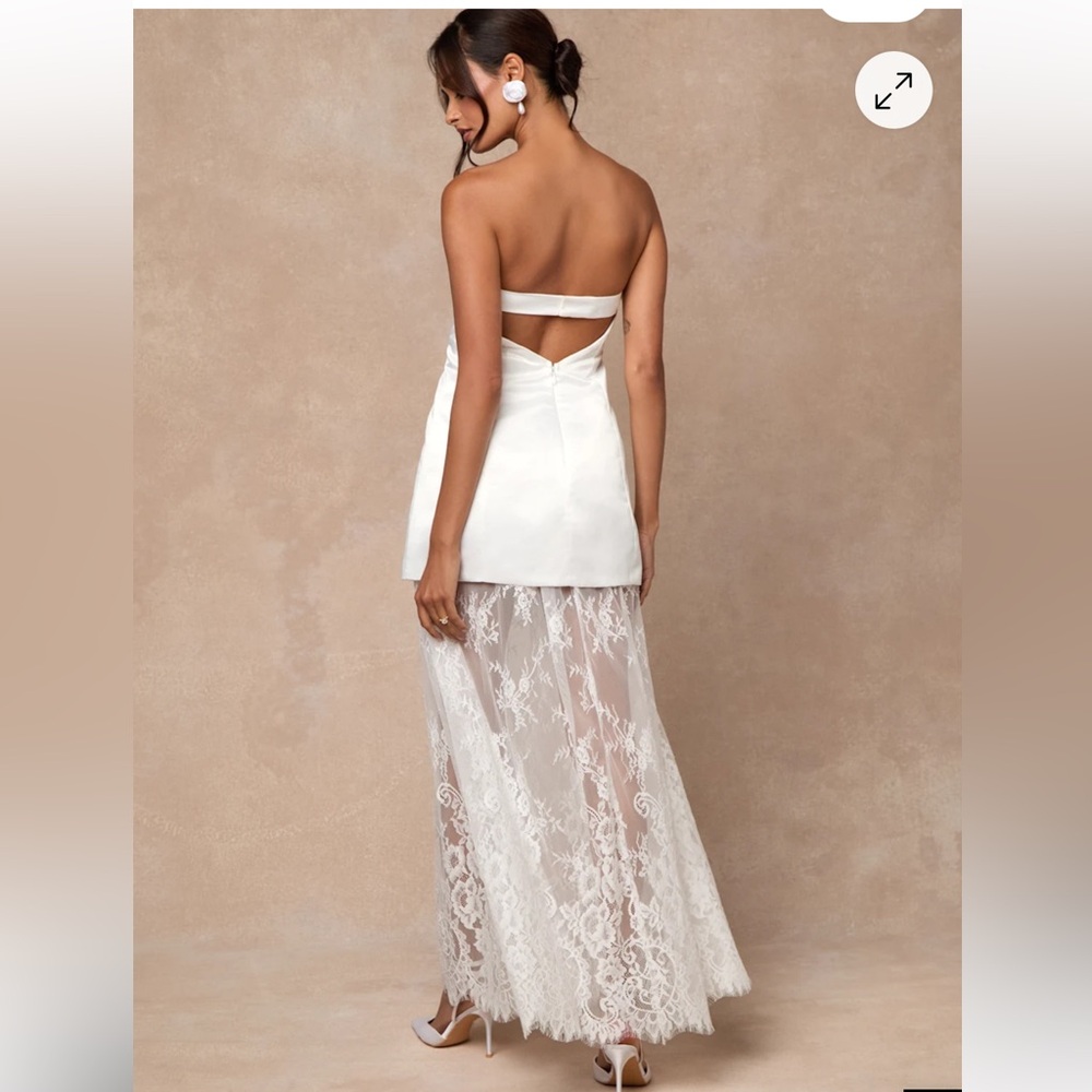 Lulus Winslet Strapless White satin sheer hem lace maxi Dress size M, XL new - Picture 2 of 9